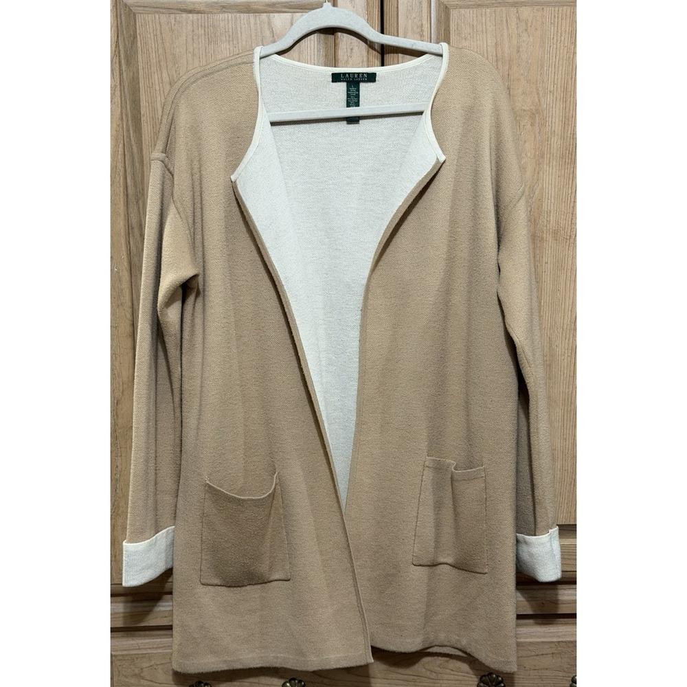 Lauren Ralph Lauren Wool Blend Open Cardigan Sweater‎ Jacket Womens Sz Large Tan
